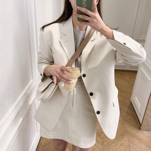 

office two 2 piece sets womens dresses outfits korean style vintage long sleeve single breasted coat and high waist bodycon, White