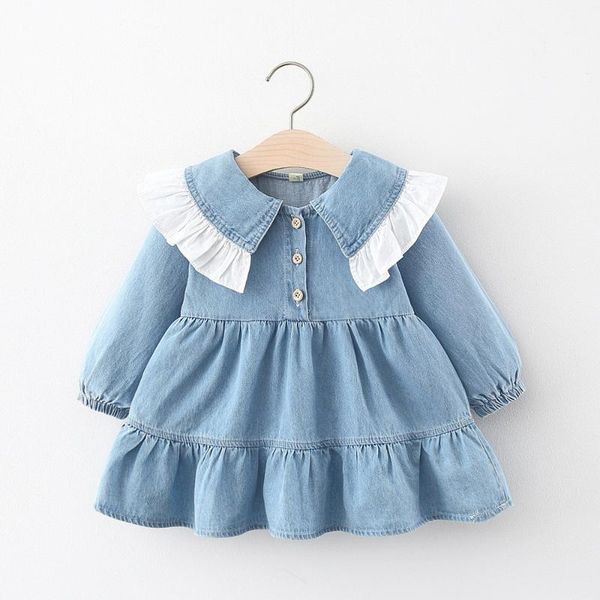 

girl's dresses 2021autumn baby girls lace collar denim dress, Red;yellow