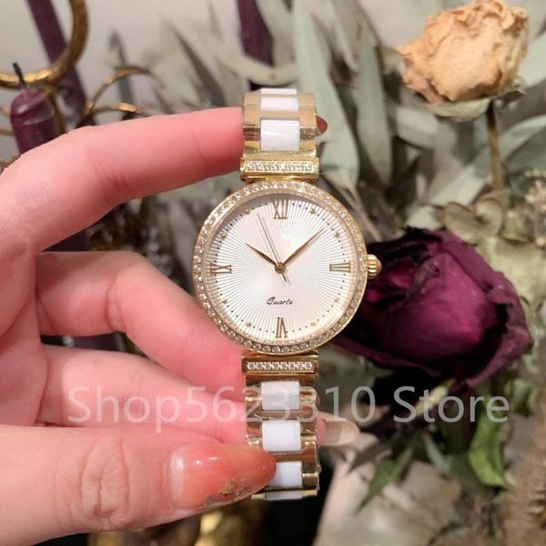 

wristwatches zircon quartz wristwatch steel round clock ladies dress white ceramic watches elegant roman number dial watch 33mm, Slivery;brown