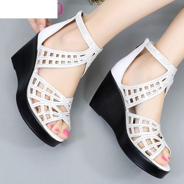 

sandals 2021 rhinestone women platform wedges high heels fashion hollow out open toe summer shoes mozc, Black