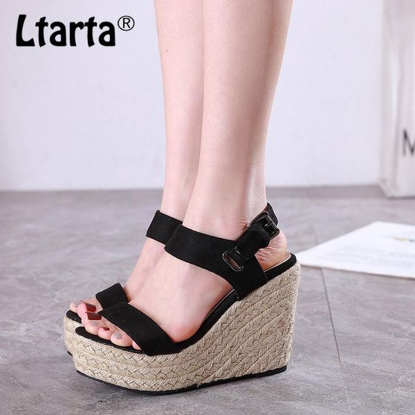 

dress shoes ltarta 2021 summer suede shallow mouth women's slanted heel casual platform high-heeled ladies' sandals, Black