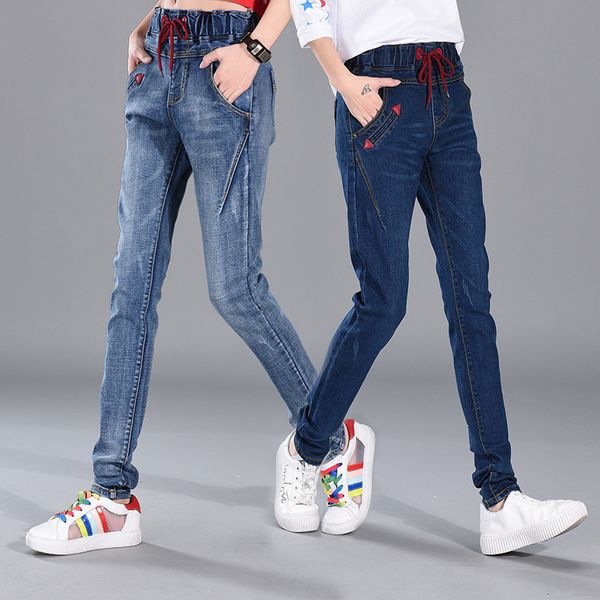 

women's jeans 2021 high waist elastic harem casual lace up style, Blue