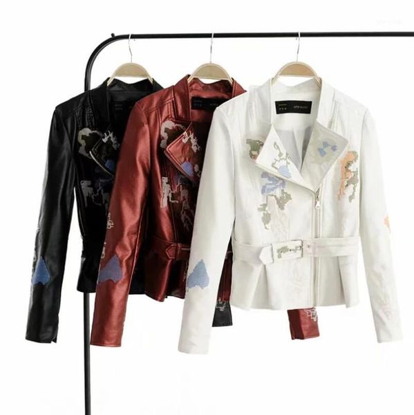 

women's jackets fashion pu jacket embroidered zipper motorcycle 17501, Black;brown