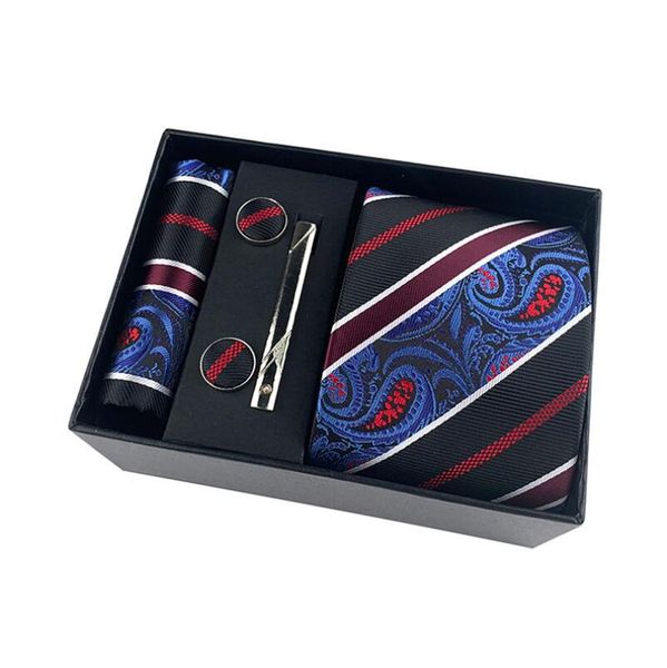 

fashion polyester jacquard white geometric neck tie hanky cufflink set ties for men business wedding party, Black;blue