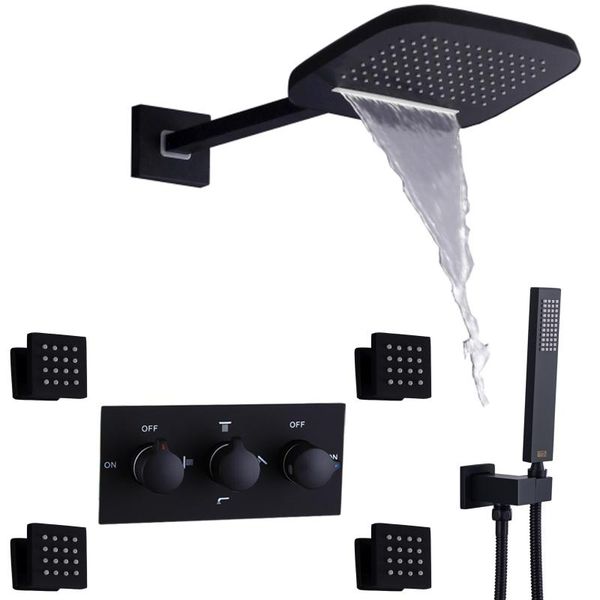 

bathroom shower sets matte black thermostatic set 25x20 cm wall mount waterfall rainfall faucet ,with handheld