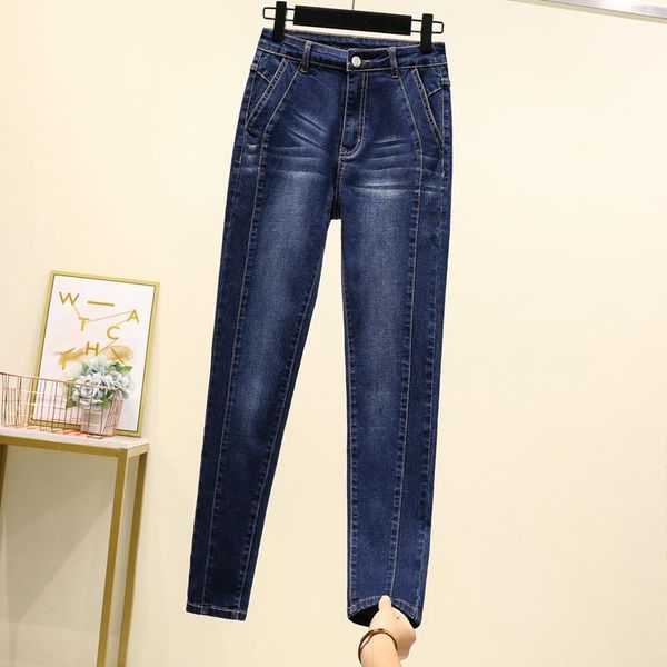 

autumn stretch slim pencil pants women jean trousers high waist patch work full length mujer plus size drak blue