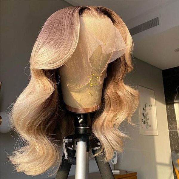 

glueless ombre dark blonde body wave long lace front wigs transparent wig human hair for women with baby, Black;brown