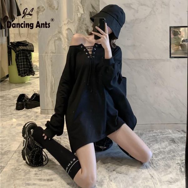 

women's hoodies & sweatshirts women off shoulder long sleeve cross bandage korean loose 2021 female fashion casual solid, Black