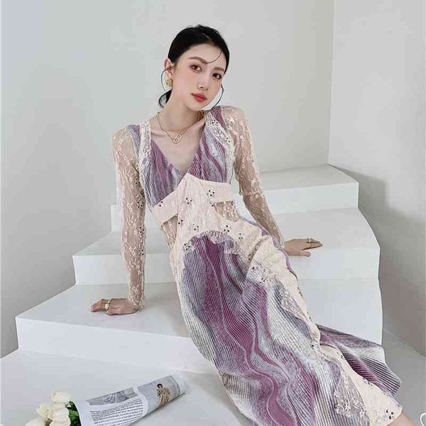 

casual dresses origami purple patchwork lace elegant dress women deep v neck long sleeve tunic midi ladies evening qx7h, Black;gray