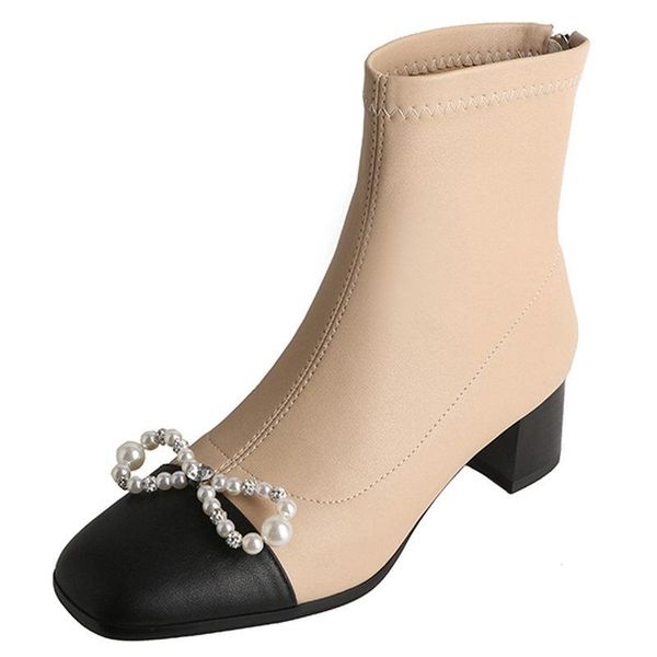 

boots 2021 autumn winter women ankle sweet pearl slim stretch med heels genuine leather casual shoes woman, Black