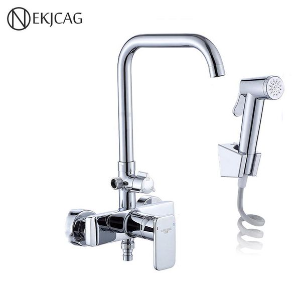 

chrome plated kitchen faucet double injection wall mounted rotary handheld and cold water mixer taps bathroom shower sets