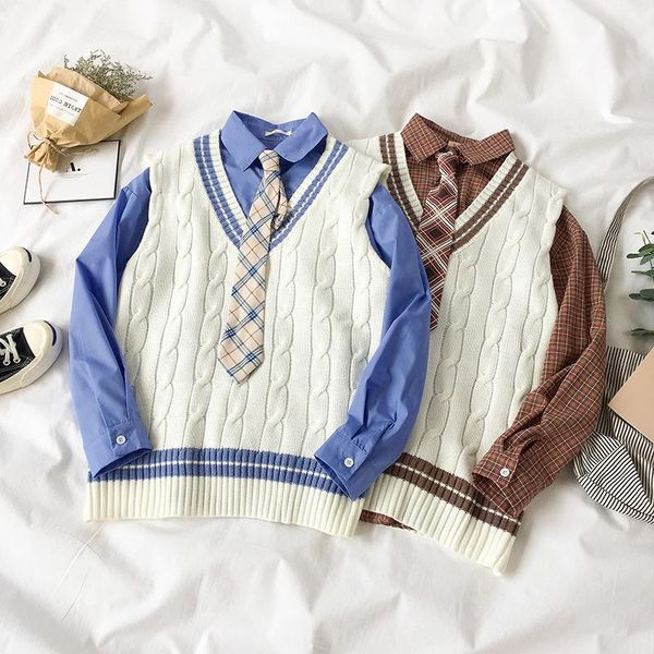 

women's two piece pants korean clothes 2021 fall fashion student preppy style blouse long sleeve shirt and vest sweater knitting set, White