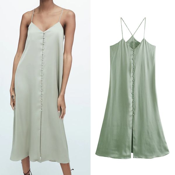 

za summer women camisole dress a-line loose lady beach style solid v-neck elegant girls single breast causal outfits 210422, Black;gray