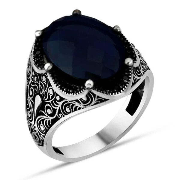 

cluster rings men silver ring with navy blue zircon stone made in turkey solid 925 sterling, Golden;silver