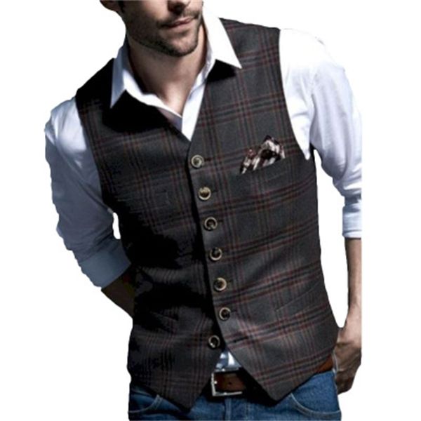 

men's vests s/5xl men british style suit casual large size business sleeveless waistcoat gentlemen classic plaid print j3306 awqk, Black;white