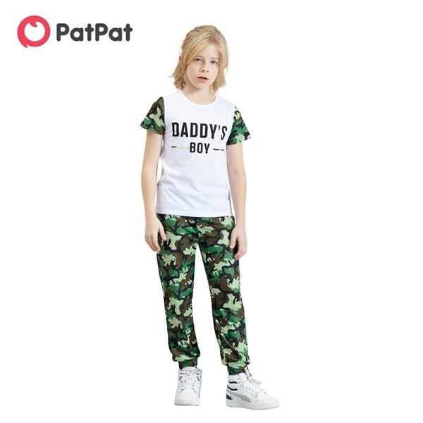 

arrival summer kids boy letter print tee and camouflage pants set 210528, White