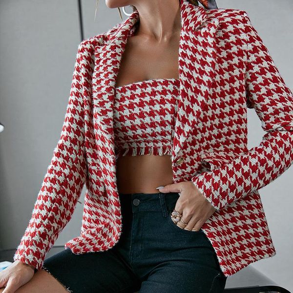 

women's jackets 2021 loose red and white fashion plaid wrapped chest with a single-breasted thin suit collar jacket urban casual two-pi, Black;brown