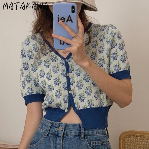 

women's knits & tees matakawa summer vintage v-neck women sweater contrast cardigans print single-breasted short-sleeved knitted croppe, White