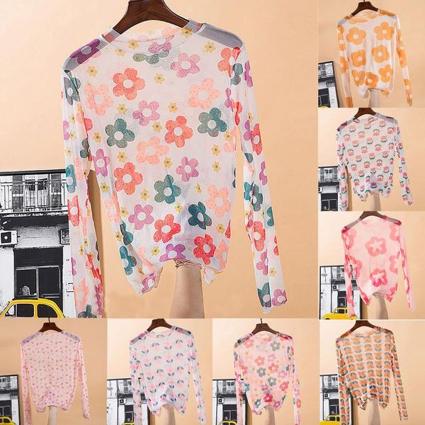 

women's t-shirt floral print long sleeve translucent shirts sun protection spf quick dr o-neck single-layer bottoming shirt outdoor 202, White