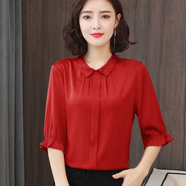 

women's spring summer style chiffon blouses shirt solid button half sleeve korean loose df3880 210609, White