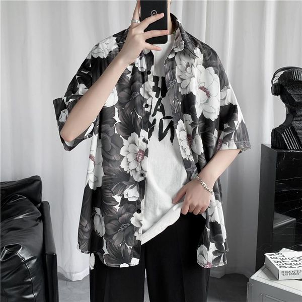 

men's casual shirts summer style printed ice silk short-sleeve shirt men loose large size fashion five-point sleeve, White;black