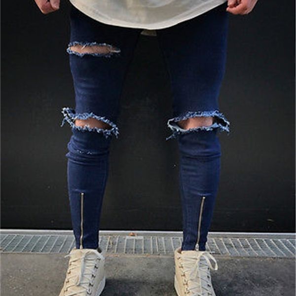 

boys mens fashion blue ripped skinny stretch biker zipper jeans pant trousers x0621