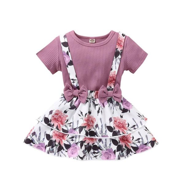 

clothing sets summer dress baby girl clothes set toddler girls solid +bowknot floral printed suspender skirts outfits vestido#30, White