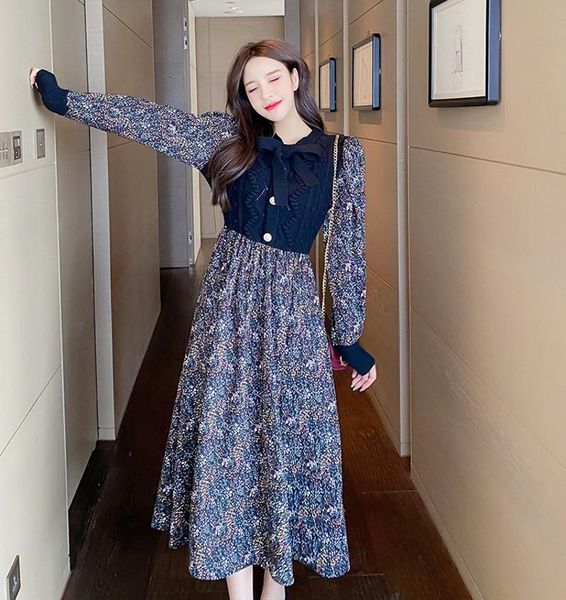 

casual dresses llzacoosh autumn spring bowknot collar knitting printing patchwork women full sleeves office party vestidos, Black;gray