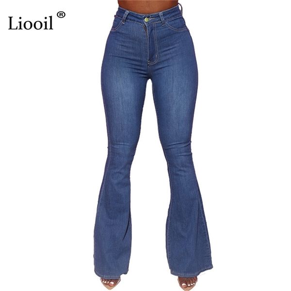 

liooil plus size high waist flare jeans for women streetwear denim trousers with pocket skinny bell bottoms jean pants 210322, Blue