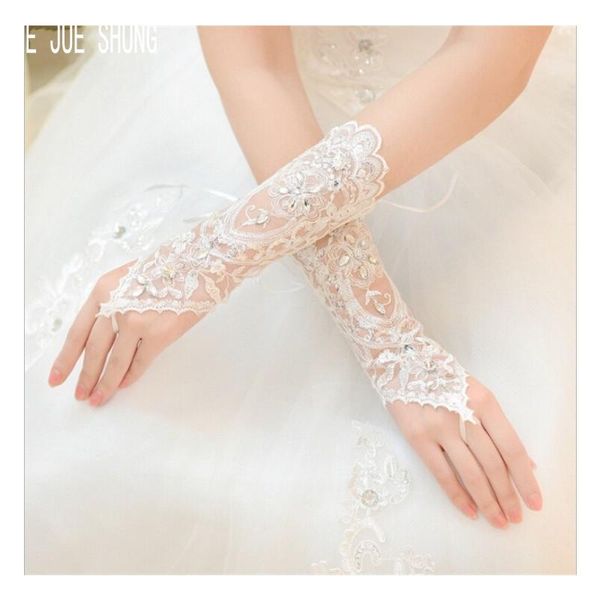 

bridal gloves e jue shun luxury lace wedding with crystal beaded ribbon short fingerless glove, White