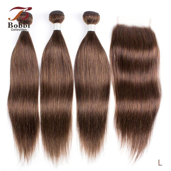 

human hair bulks color 4 chocolate brown straight 2/3 bundles with 4x4 lace closure remy weave 12-24 inch bobbi collection, Black