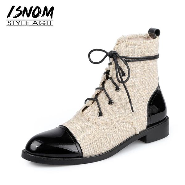 

boots isnom women genuine leather ankle round toe zip stitching fashion chunky heel lace up ladies winter 2021, Black
