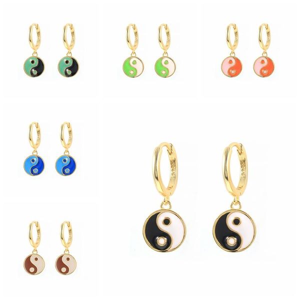

hoop & huggie canner enamel yin yang earrings with colorful tai chi pendant 100% real 925 sterling silver ear hoops 2021 pendientes, Golden;silver