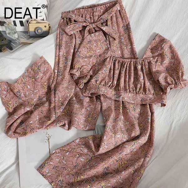 

summer fashion casual square neck puff short sleeve waist shirt + wide leg pants age reduction two piece set sk100 210525, White