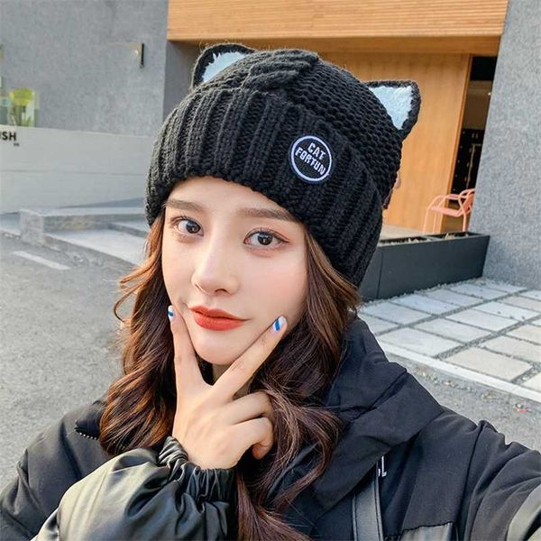 

yqyxcy women's hat winter beanie velvet thick warm cartoon cat ear protection knitted cap hats for girl bonnet femme 211119, Blue;gray