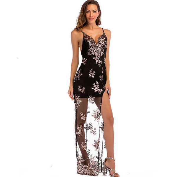 

luxury evening party dresses v-neck backls black gold sequin women's