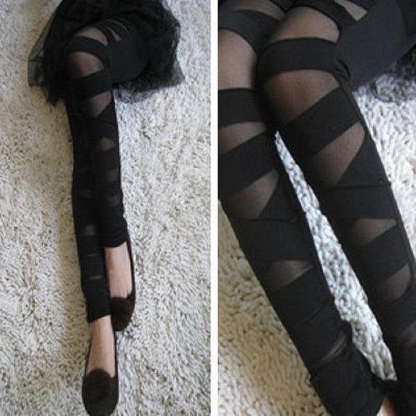 plus size gothic laces womens legging black ripped pants mesh bandage leggins lace punk rock fashion
