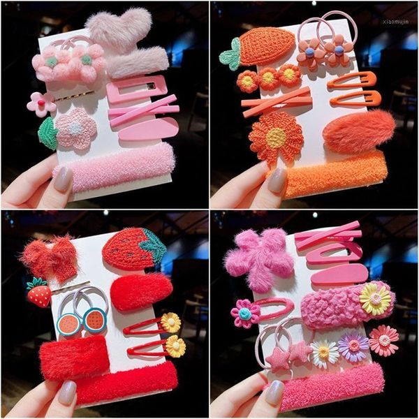 

hair accessories 10pcs/set cartoon fruit clips autumn and winter soft plush knitting rope cute bangs clip children, Slivery;white