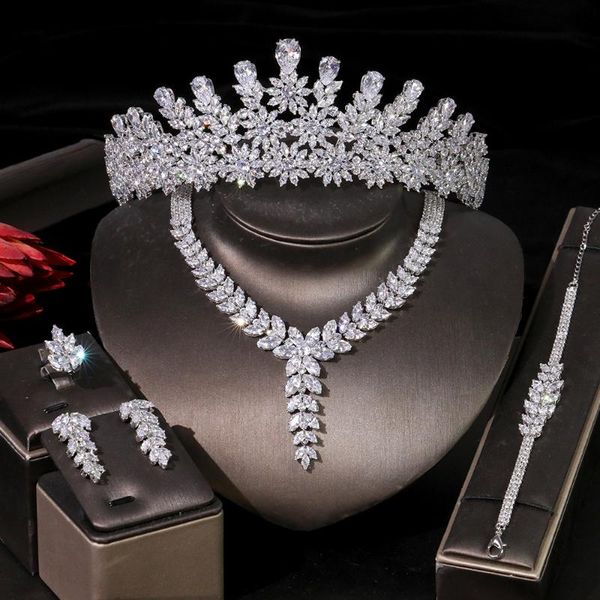 

earrings & necklace luxury bridal jewelry set crystal crown headdress ring bracelet four-piece hair accessories t0931, Silver