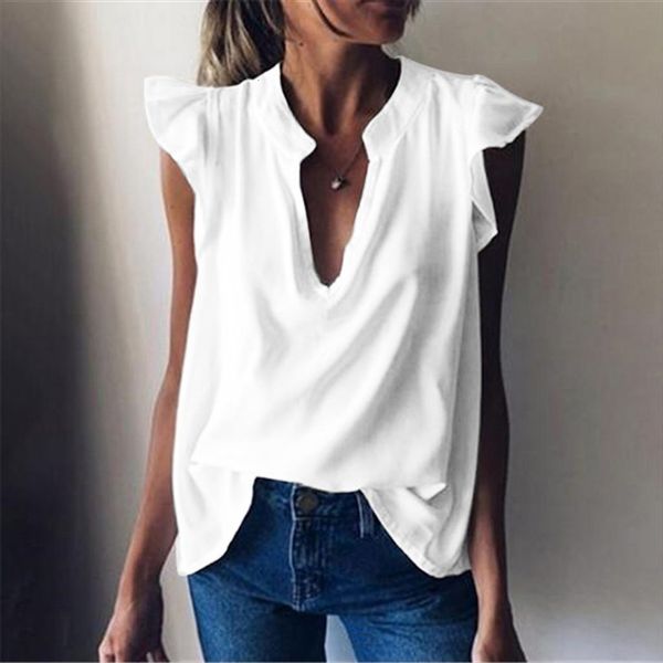 

traf plus size office summer women shirts fashion casual loose v neck solid sleeveless female blusas, White