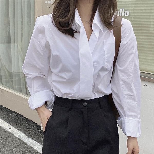 

women's blouses & shirts hzirip white arrival all match pockets 2021 chic sweet loose oversize streetwear summer outwear full sleeves c