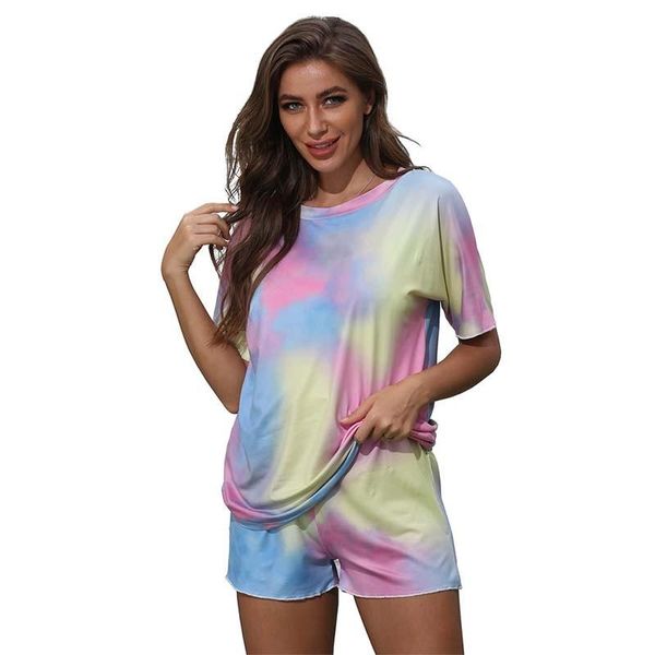 

women's tracksuits two-piece set tie-dye short sleeve shorts lacing pants suits women summer casual loose o-neck home pant suit, Gray