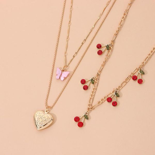 

chokers sweet peach heart acrylic butterfly pendant necklace for women cute red crystal cherry clavicle chain party jewelry, Golden;silver