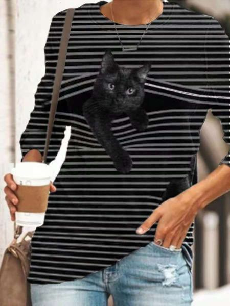 

tees women's t-shirtcat print 6-color fashion casual long sleeve t-shirt, White