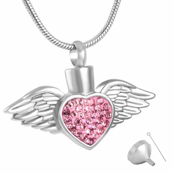 

pendant necklaces mjd8496 angel heart stainless steel ash urn cremation jewelry necklace blue crystal, Silver