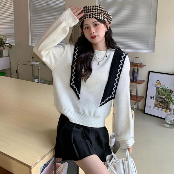 

women's sweaters clothing sweater set head cotton 2021 loose color splicing cape type long-sleeve women coat british style, White;black