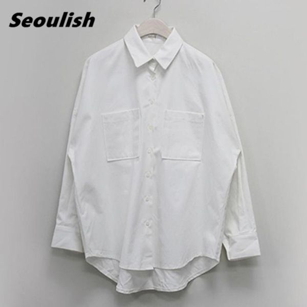 

women's blouses & shirts seoulish double pockets turn-down collar cotton white blouse 2021 autumn casual loose female workwear