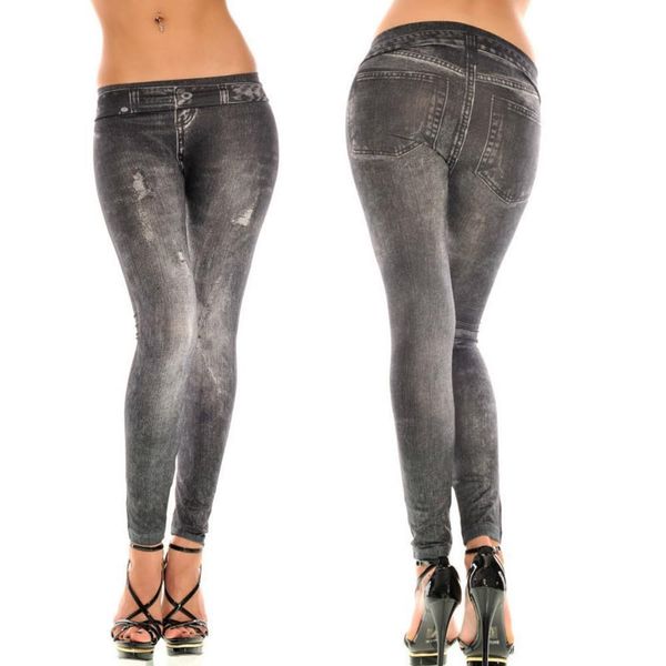 

gym faux denim jeans printing women leggings polyester sfit high waist casual pencil pants t5p, Black