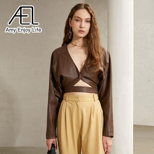 

women's leather & faux ael hollow out jacket woman brown one button v-neck pu short cut spring summer streetwear, Black