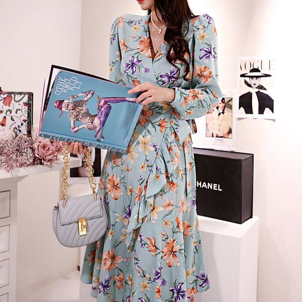 

casual dresses autumn beach maxi women boho floral printted dress ruffle bodycon wrap high slit party jk340, Black;gray